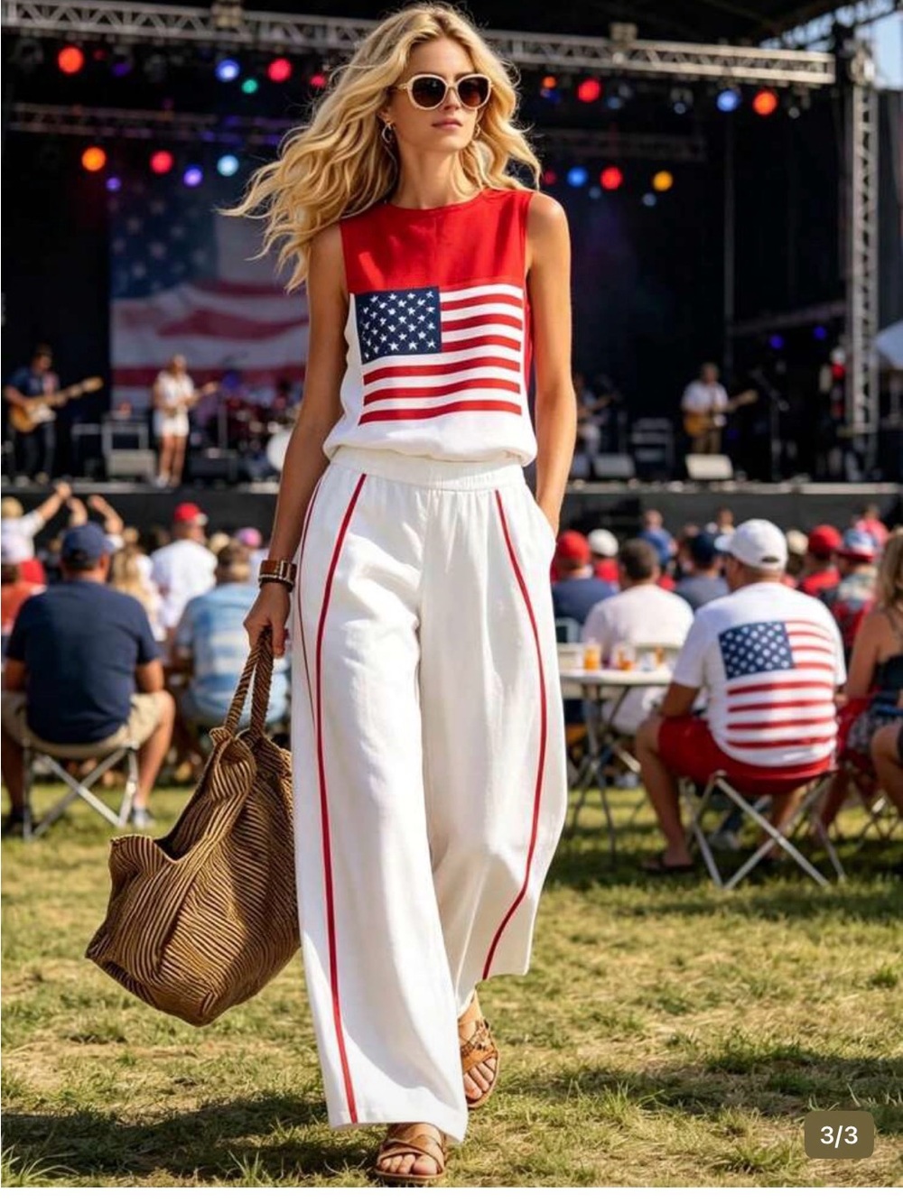 Sleeveless Flag Print Top & White Wide-Leg Pants Set - Red/White